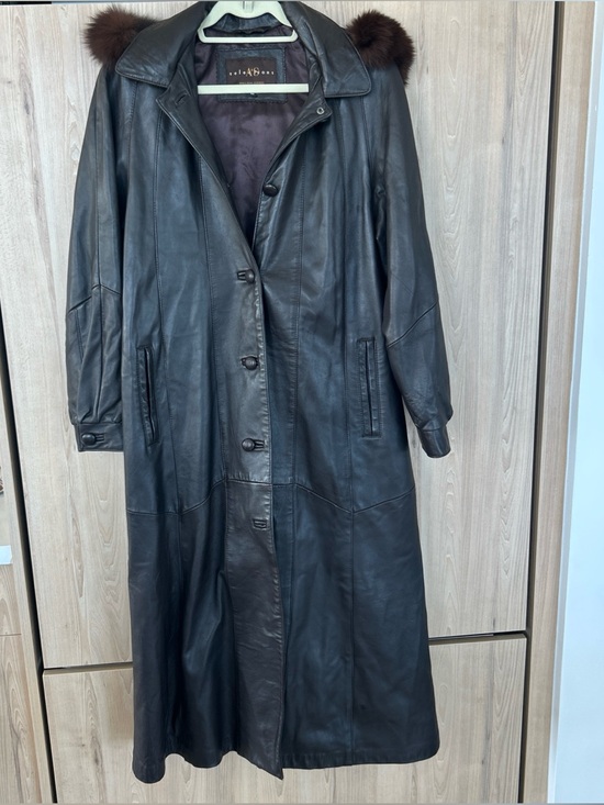 A&S Jackets & Blazers - Vintage Leather Coat Womens M Brown Lamb Leather Fur Trim Hood Made Canada Long